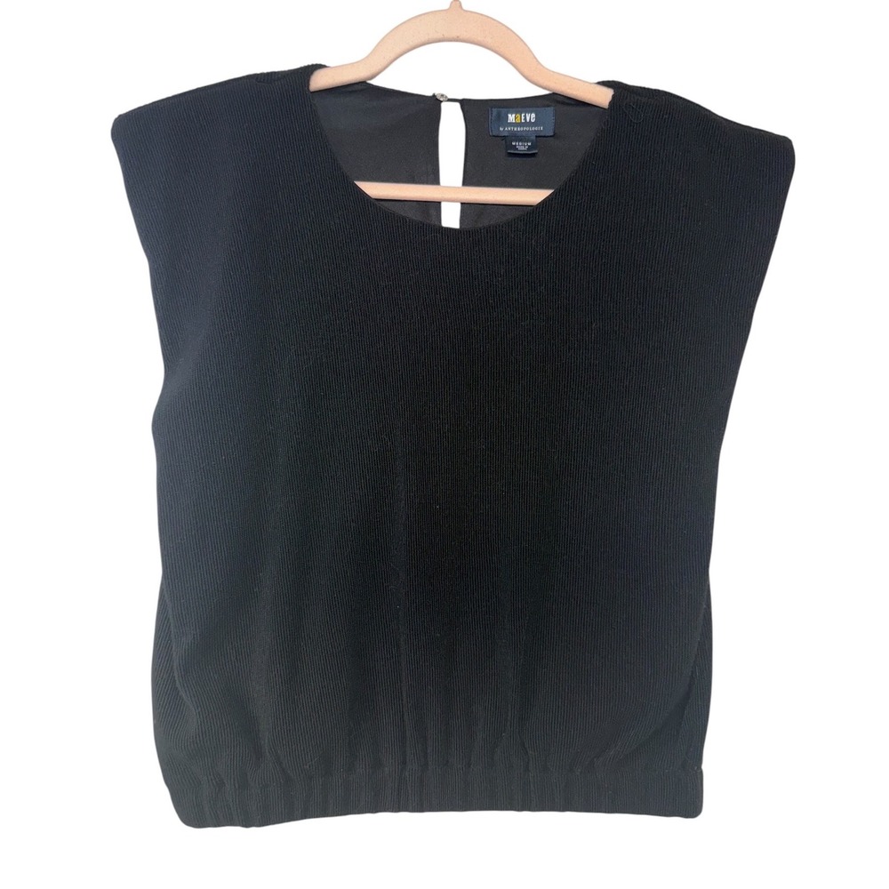 Maeve Anthropologie Black Ribbed Shoulder Pad Sleeveless Top Medium Keyhole Back